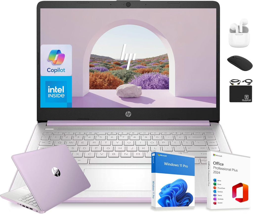 Ordinateur compact portable HP 14" haut de gamme 2025 : un ordinateur doté de l'IA pour le bureau, les étudiants et les professionnels, avec un abonnement à vie, un processeur Intel quadricœur, 16 Go de RAM, 628 Go de stockage (128 Go UFS + 500 Go
