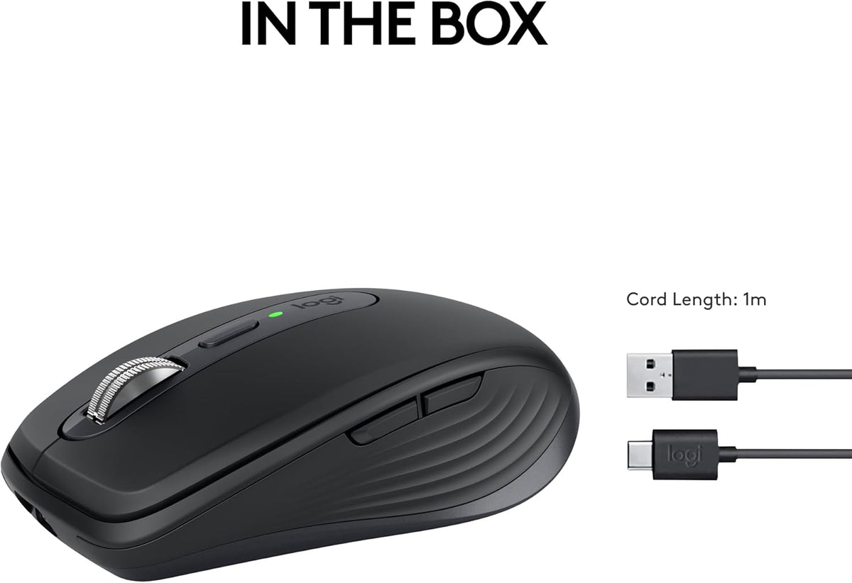 Souris à connectivité sans fil au format au format compact Logitech MX Anywhere 3S, défilement réactif, suivi multi-surfaces 8 000 DPI, clics silencieux, boutons programmables, USB-C, Bluetooth, compatible Windows, Linux, Chrome OS et Mac - Graphite