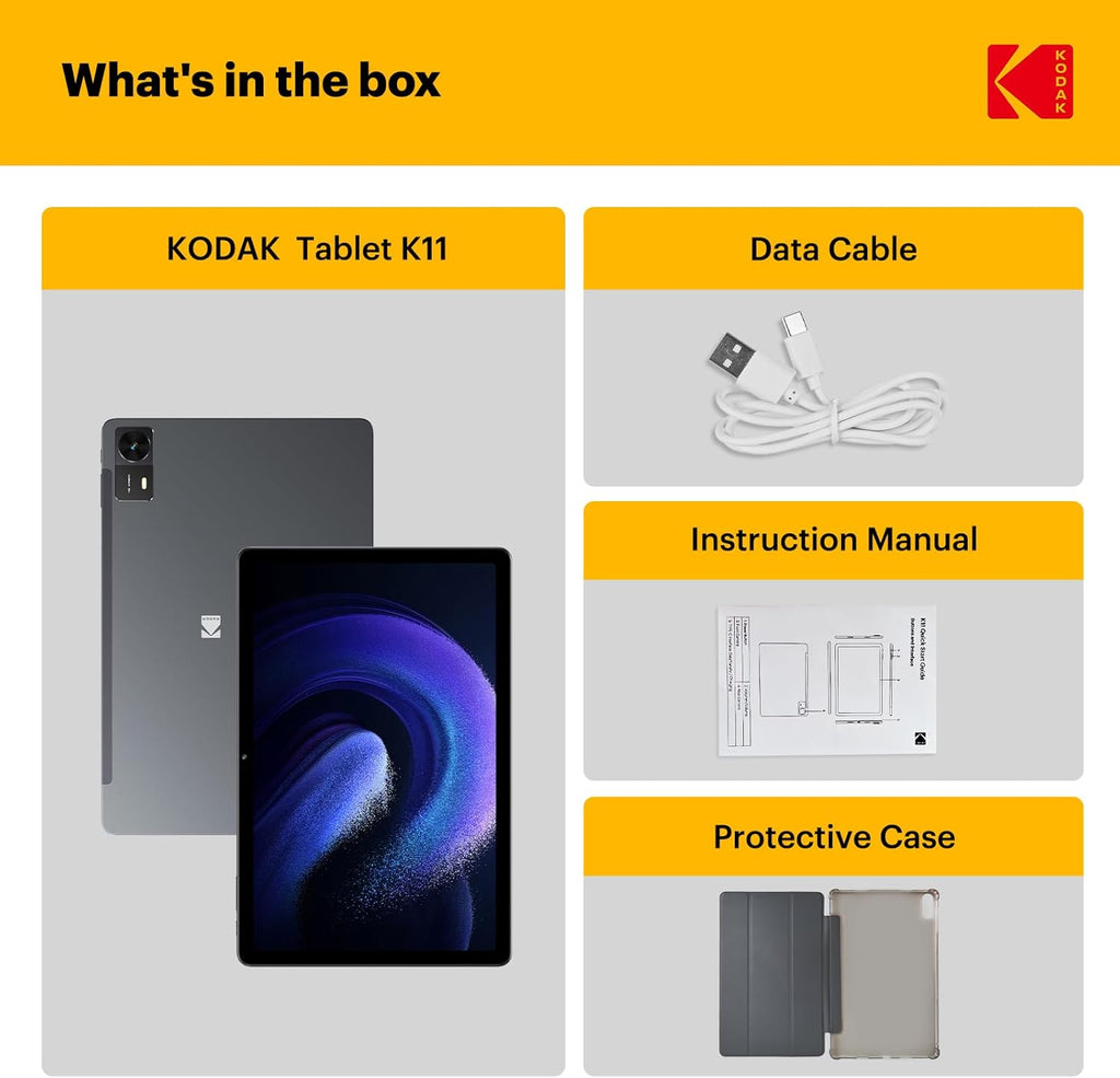 Tablette tactile KODAK K11 Android 15, écran tactile FHD G+G de 10,95 pouces, 12 Go de RAM, 128 Go de stockage (extensible à 1 To), batterie longue durée de 8 000 mAh, quatre haut-parleurs, appareil photo de 16 Mpx, double Wi-Fi, GPS, idéale pour le