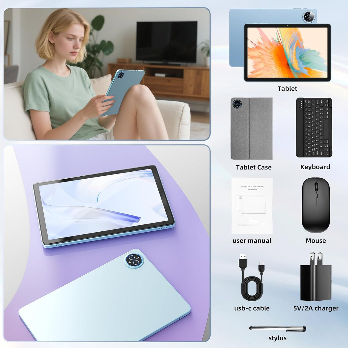 Tablette tactile Android 15 10 pouces, 24 Go de RAM, 128 Go de ROM, avec étui clavier, souris et stylet, mémoire extensible jusqu'à 1 To, processeur octocœur 6000 mAh, écran IPS HD 1280 x 800, Wi-Fi, processeur T615 haute performance, double caméra (