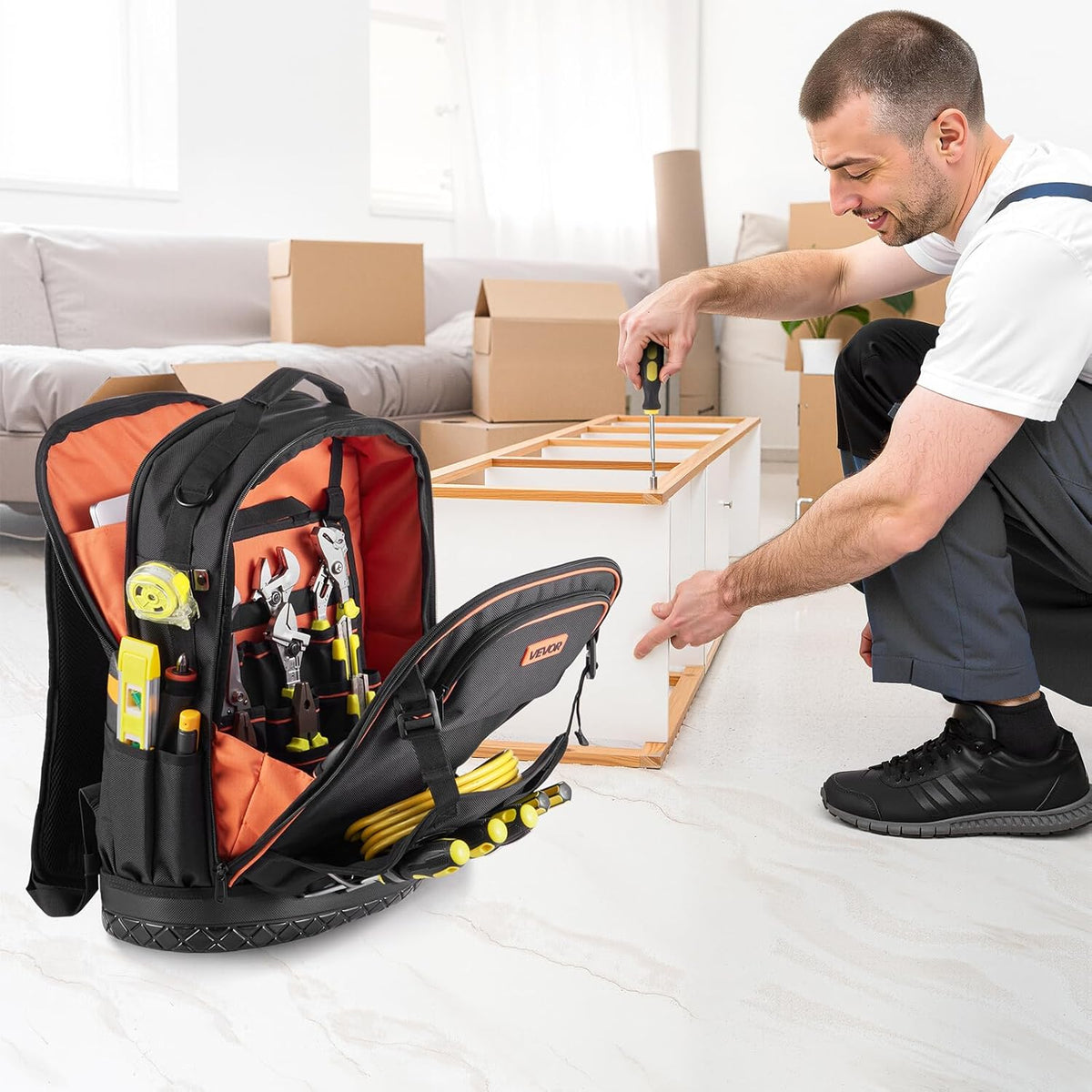 Sac à dos VEVOR pour outils, 65 poches, organisateur de rangement robuste avec compartiment pour ordinateur compact portable et fond moulé, sac à dos de chantier pour électriciens, réparateurs et techniciens CVC.