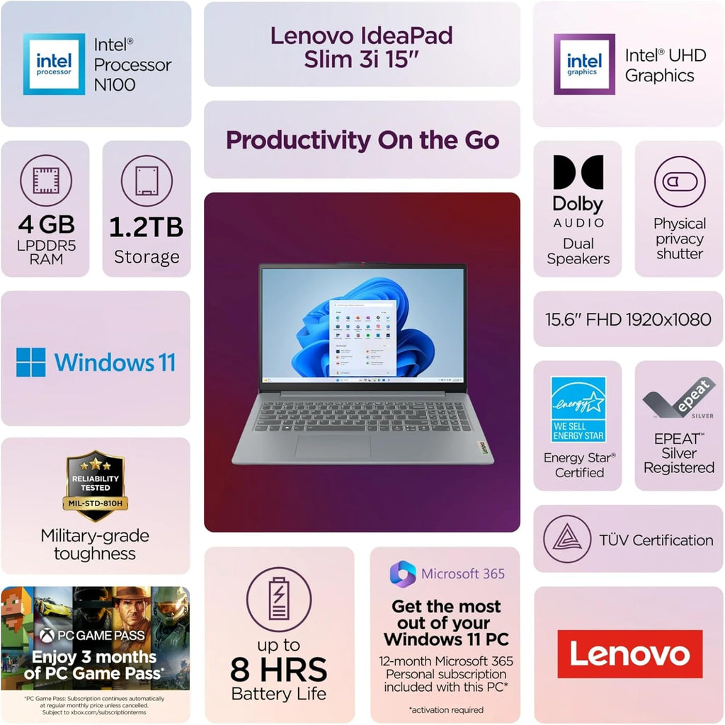Lenovo IdeaPad Slim 3i - Écran FHD 15,6" - Processeur Intel quadricœur - Microsoft 365 inclus - 1,1 To de stockage | SSD 128 Go et 1 To de stockage cloud - Qualité militaire - Sans souris - Apprenez, travaillez et streamez