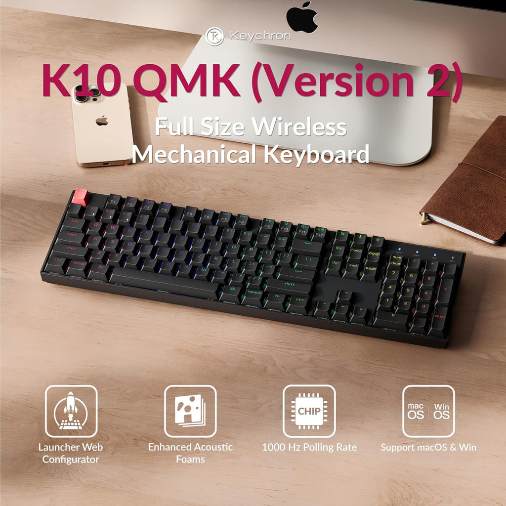 Clavier mécanique à connectivité sans fil Keychron K10 QMK, format standard, Bluetooth/doté de connectivité filaire, touches remplaçables à chaud, doté de commutateurs Keychron Super Brown, rétroéclairage RGB et touches PBT pour Mac/Windows…