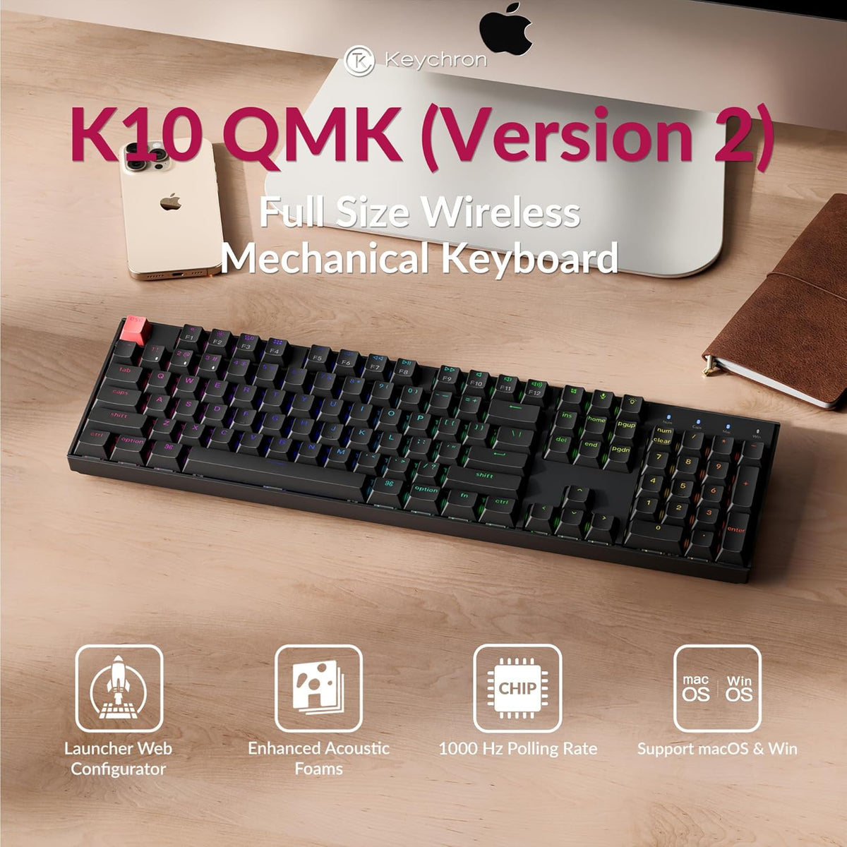 Clavier mécanique à connectivité sans fil Keychron K10 QMK, format standard, Bluetooth/doté de connectivité filaire, touches remplaçables à chaud, doté de commutateurs Keychron Super Brown, rétroéclairage RGB et touches PBT pour Mac/Windows…