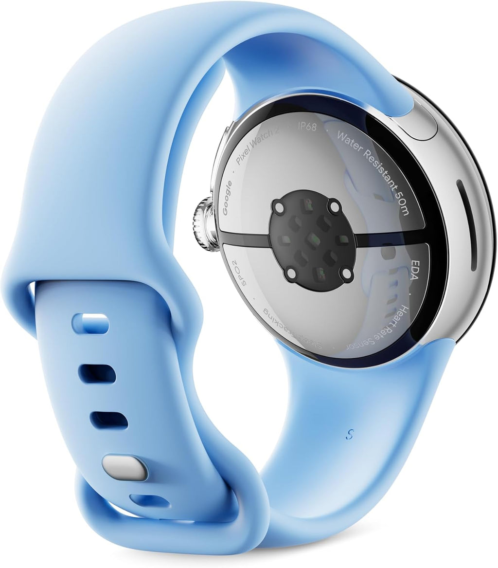 Présentation : Google Pixel Watch 2 (modèle précédent) avec le meilleur de Fitbit : suivi de la fréquence cardiaque, gestion du stress, sécurité. Montre connectée Android avec boîtier en aluminium argenté poli, bracelet Bay Active et Wi-Fi.
