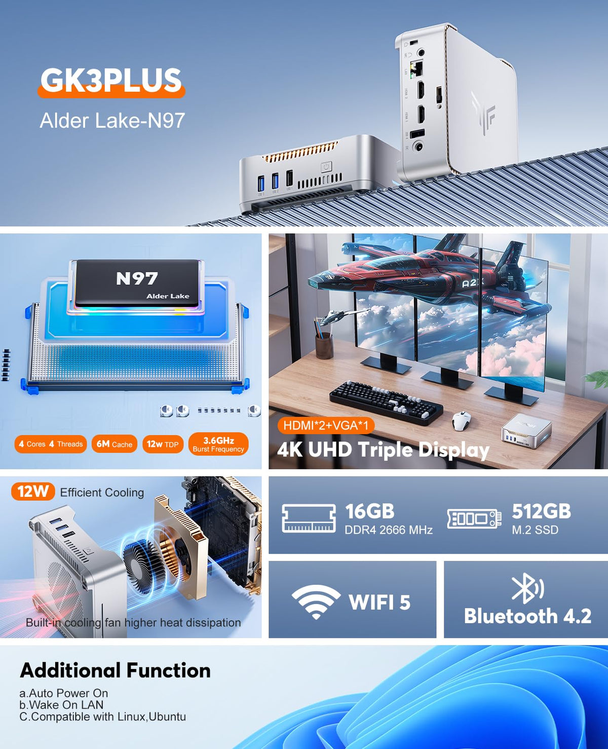 Mini PC KAMRUI GK3Plus, 16 Go de RAM, SSD M.2 de 512 Go – Modèle pratique