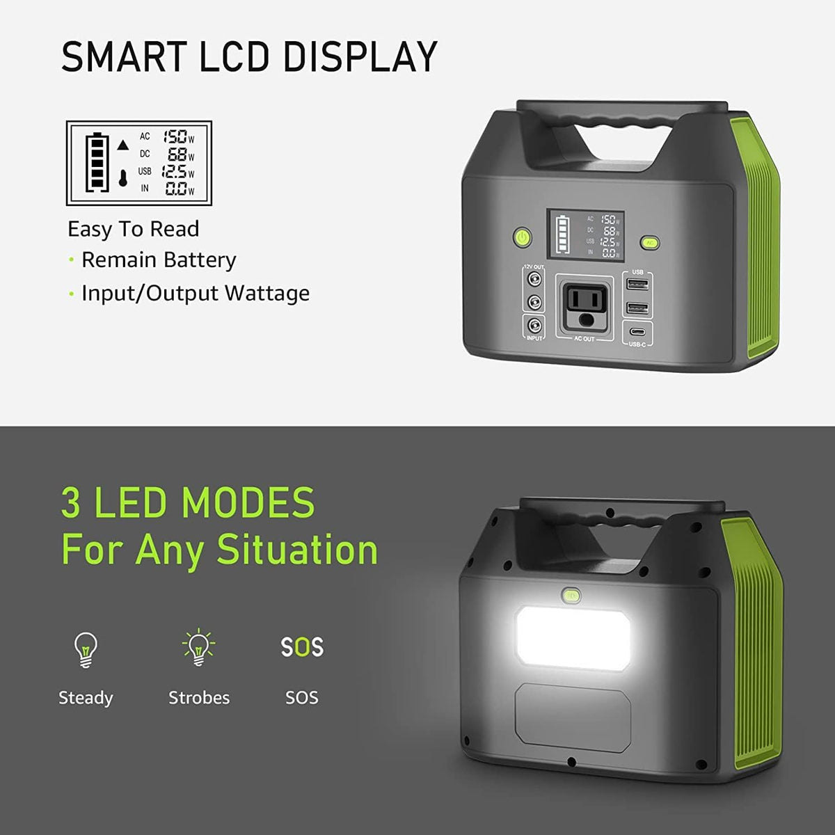 Station d'alimentation compact portable EnginStar, batterie externe 150 W 155 Wh avec prise secteur 110 V, 6 sorties, chargeur d'ordinateur compact portable et lampe LED intégrée pour la maison et le camping.