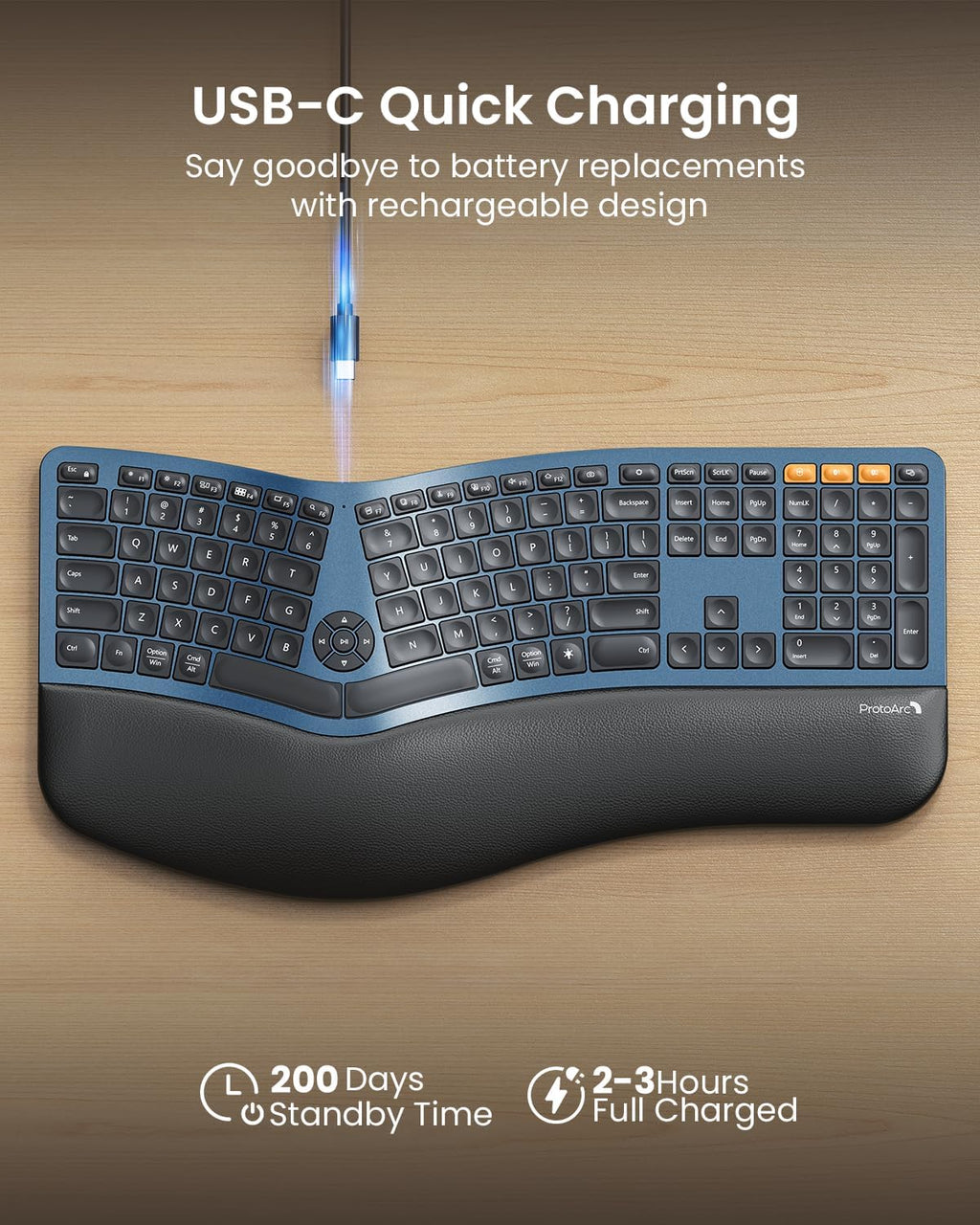Clavier ergonomique Bluetooth rétroéclairé ProtoArc EK01 Plus, clavier à connectivité sans fil complet divisé doté de double connectivité Bluetooth et USB, repose-poignets rembourré, rechargeable, compatible Windows/Mac/Android, bleu