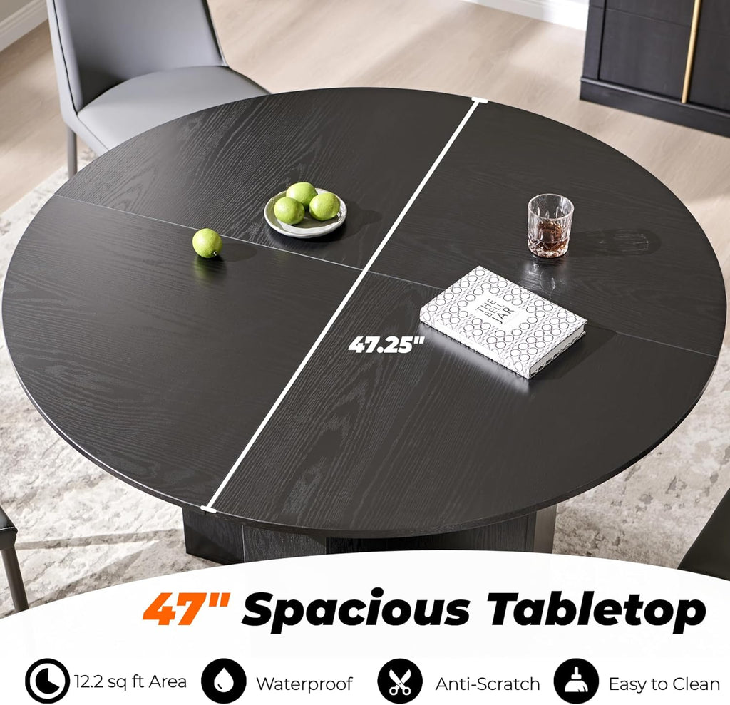 Table de salle à manger ronde moderne en bois OKD de 119 cm (47 pouces) pour 4 personnes, dotée de piètement en croix stable et plateau épais. Table ronde robuste idéale pour la salle à manger, la cuisine ou un coin repas. Finition chêne noir.