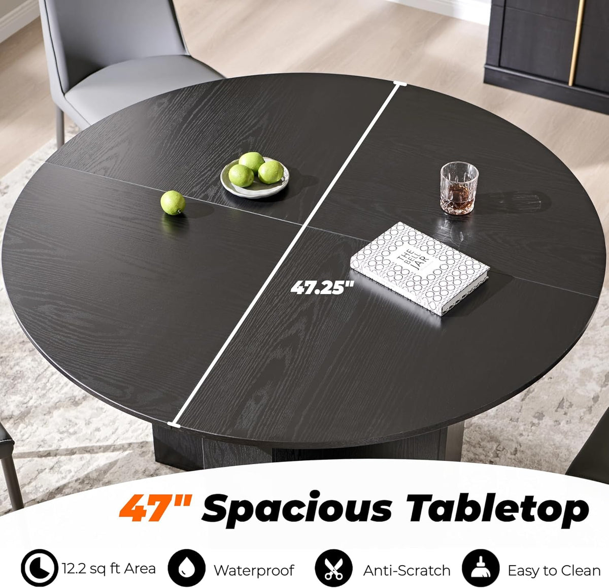 Table de salle à manger ronde moderne en bois OKD de 119 cm (47 pouces) pour 4 personnes, dotée de piètement en croix stable et plateau épais. Table ronde robuste idéale pour la salle à manger, la cuisine ou un coin repas. Finition chêne noir.