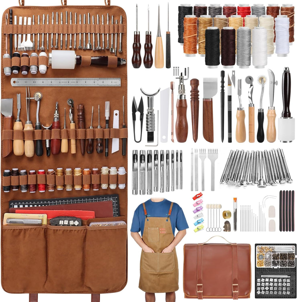 Kit d'outils pour un usage professionnel du cuir : ensemble complet incluant un tablier, des tapis de découpe, des outils de marquage, de gravure, de poinçonnage, de couture et de ponçage pour la fabrication et la réparation du cuir. adapté à les…
