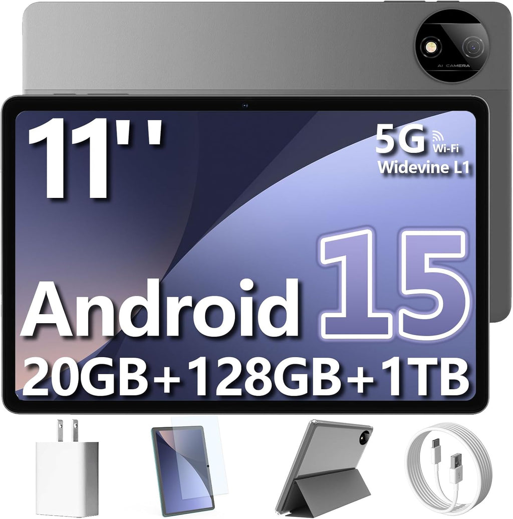 Tablette tactile 11 pouces Android 15, 20 Go + 128 Go + 1 To extensible, processeur octocœur, batterie haute capacité 8 000 mAh, Wi-Fi 6 (5 GHz/2,4 GHz), GPS, Bluetooth 5.0, double caméra 5 MP + 8 MP, Widevine L1, étui de protection – Noir
