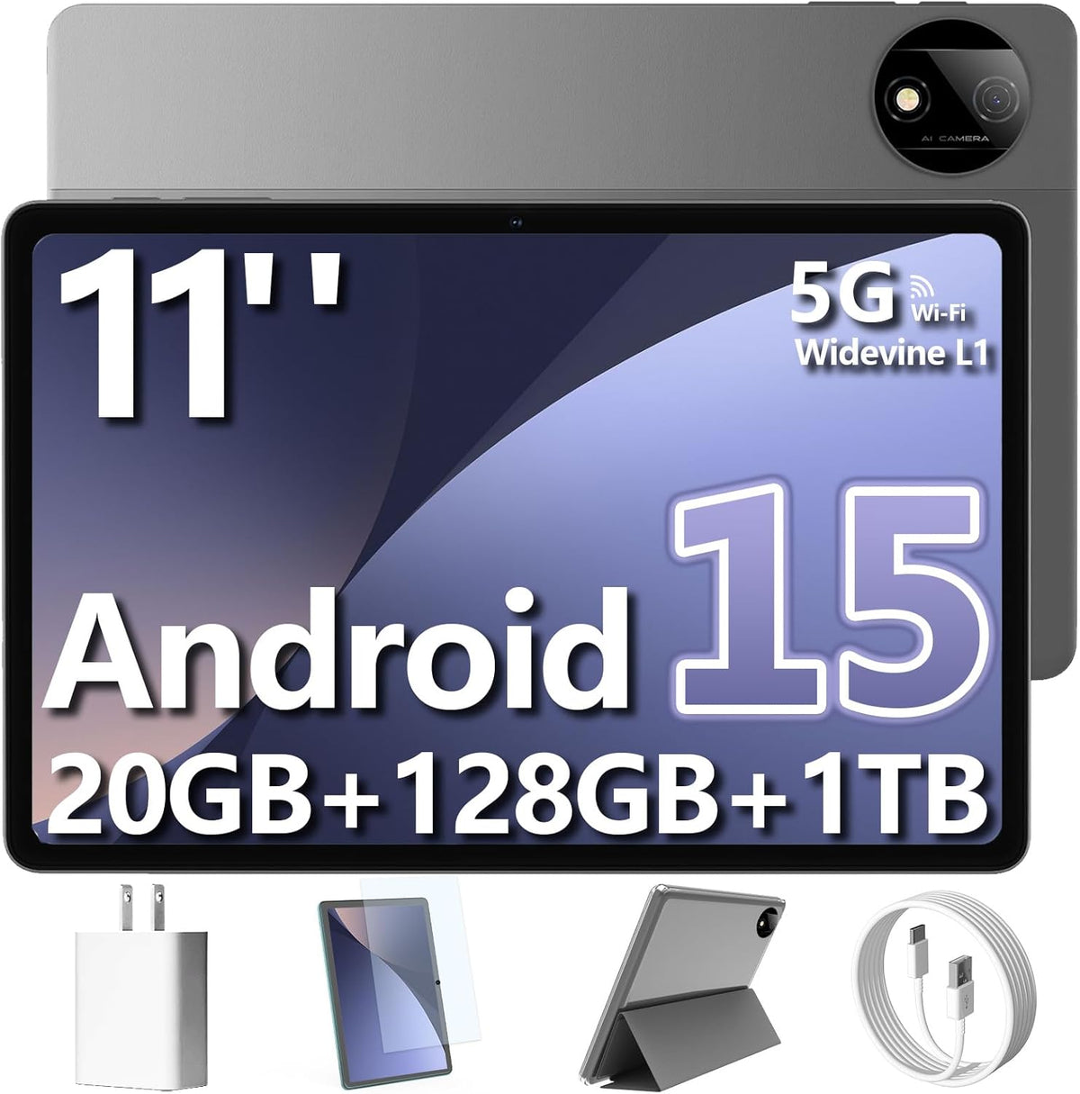 Tablette tactile 11 pouces Android 15, 20 Go + 128 Go + 1 To extensible, processeur octocœur, batterie haute capacité 8 000 mAh, Wi-Fi 6 (5 GHz/2,4 GHz), GPS, Bluetooth 5.0, double caméra 5 MP + 8 MP, Widevine L1, étui de protection – Noir