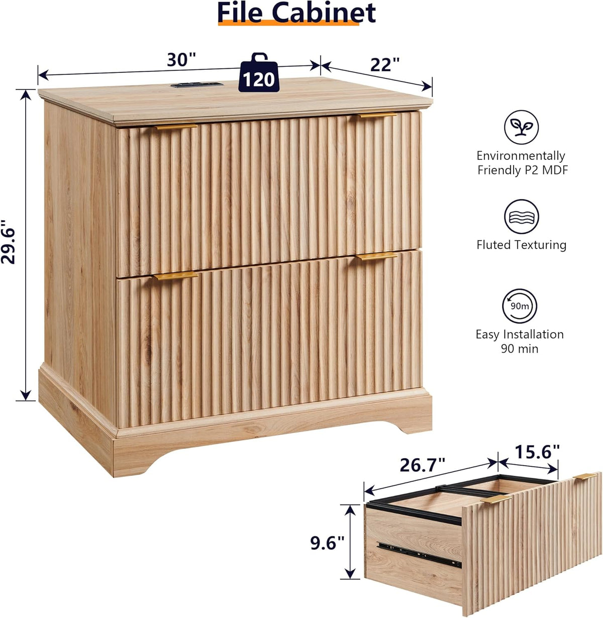 Classeur à deux tiroirs JXQTLINGMU dotée de station de charge, classeur latéral cannelé 30 pouces avec tringle de suspension pour dossiers format lettre/légal/A4, grand plateau pour imprimante, meuble de bureau en bois pour imprimante, chêne