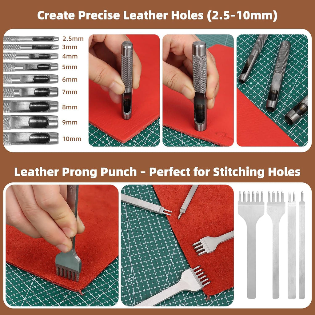 Kit d'outils pour un usage professionnel du cuir : ensemble complet incluant un tablier, des tapis de découpe, des outils de marquage, de gravure, de poinçonnage, de couture et de ponçage pour la fabrication et la réparation du cuir. adapté à les…