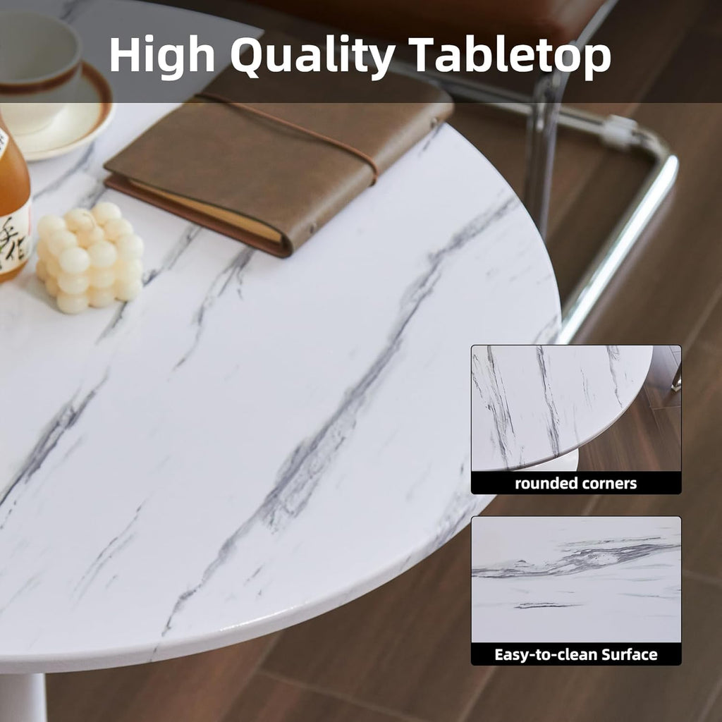 Table de salle à manger ronde, table tulipe circulaire de 80 cm dotée de plateau épais et pied en métal, table bistro moderne du milieu du siècle pour cuisine, petits espaces, salon, café (motif marbre blanc)