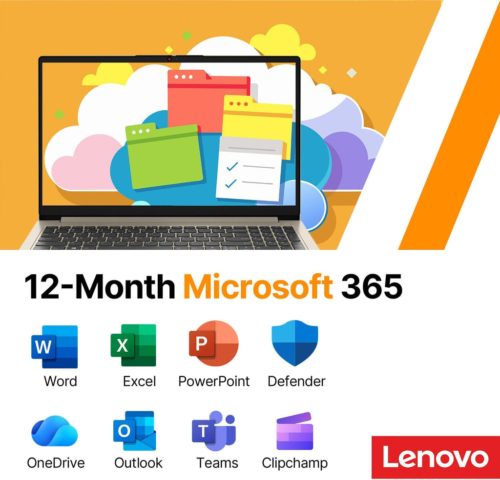 Ordinateur compact portable professionnel Lenovo IdeaPad 15,6 pouces • Microsoft Office 365 • 1,1 To de stockage • DDR4 • Processeur Intel double cœur • 1 To de stockage cloud et 128 Go de SSD • Wi-Fi 6 • Intelligence artificielle Copilot • HDMI •