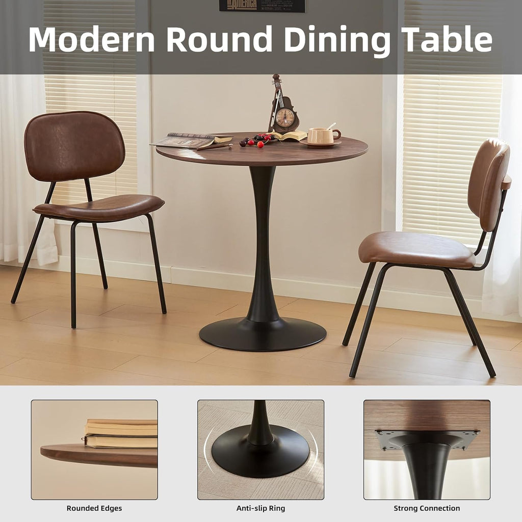 Table de salle à manger ronde, table tulipe circulaire de 80 cm dotée de plateau épais et pied en métal, table bistro moderne du milieu du siècle pour cuisine, petits espaces, salon, café (imitation noyer)