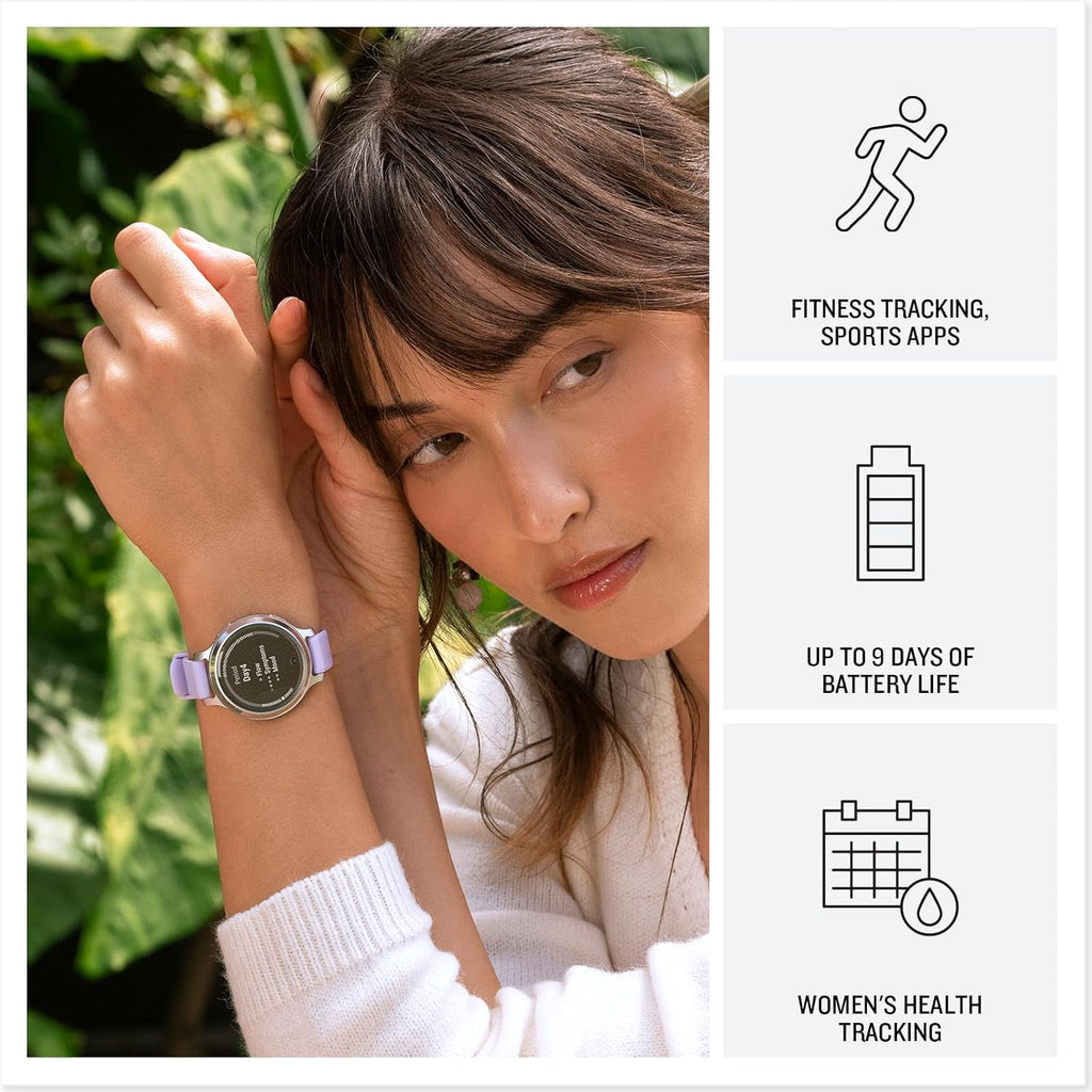 Présentation : Garmin Lily® 2 Active Montre connectée compacte et élégante GPS intégré Écran dissimulé Verre à motifs Jusqu'à 9 jours d'autonomie Couleur or lunaire Bracelet en silicone couleur os