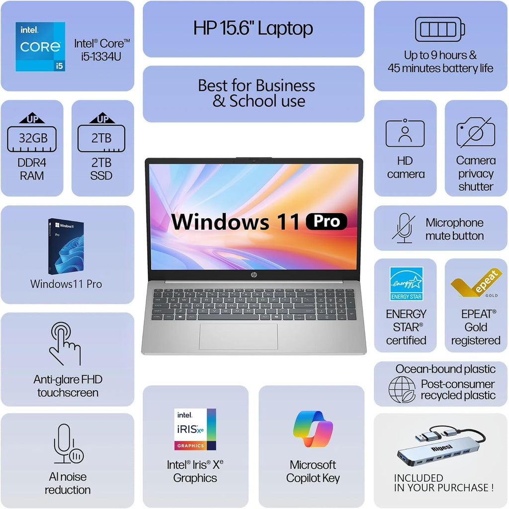 Ordinateur compact portable HP 15,6" FHD tactile, processeur Intel i5, 16 Go de RAM, SSD de 512 Go, Windows 11 Pro, Wi-Fi 6, pack professionnel haut de gamme avec station d'accueil – Argent naturel