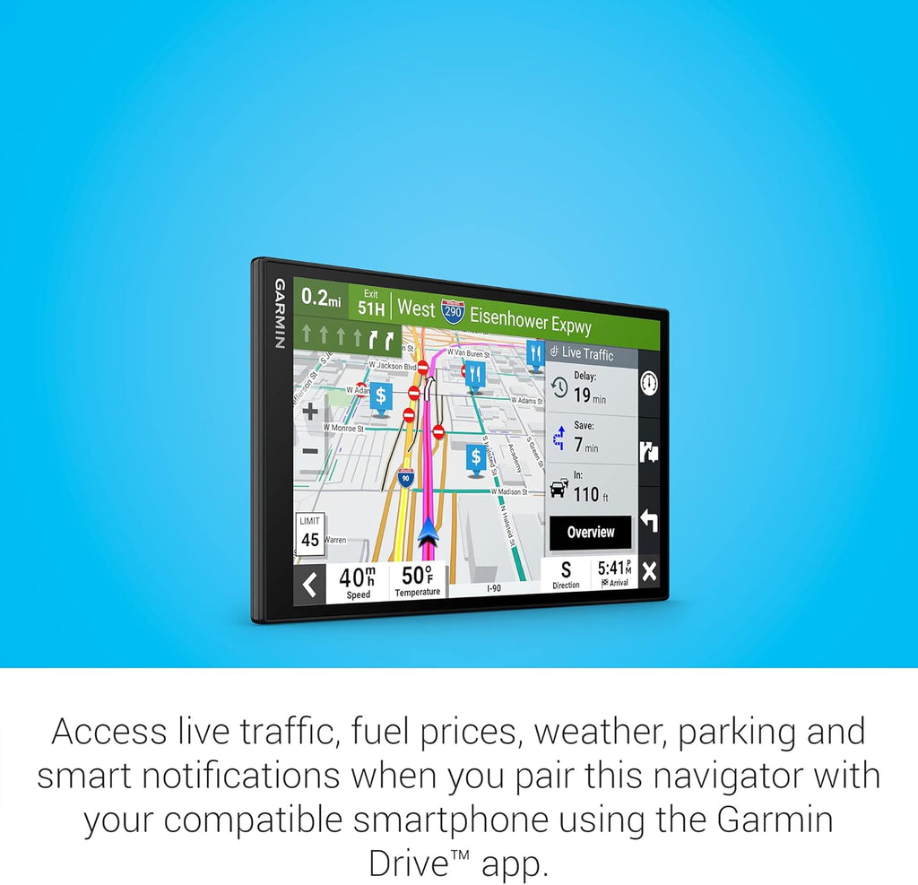 GPS de voiture Garmin DriveSmart 86 doté de écran 8 pouces, cartes haute résolution nettes et lumineuses et assistance vocale Garmin.