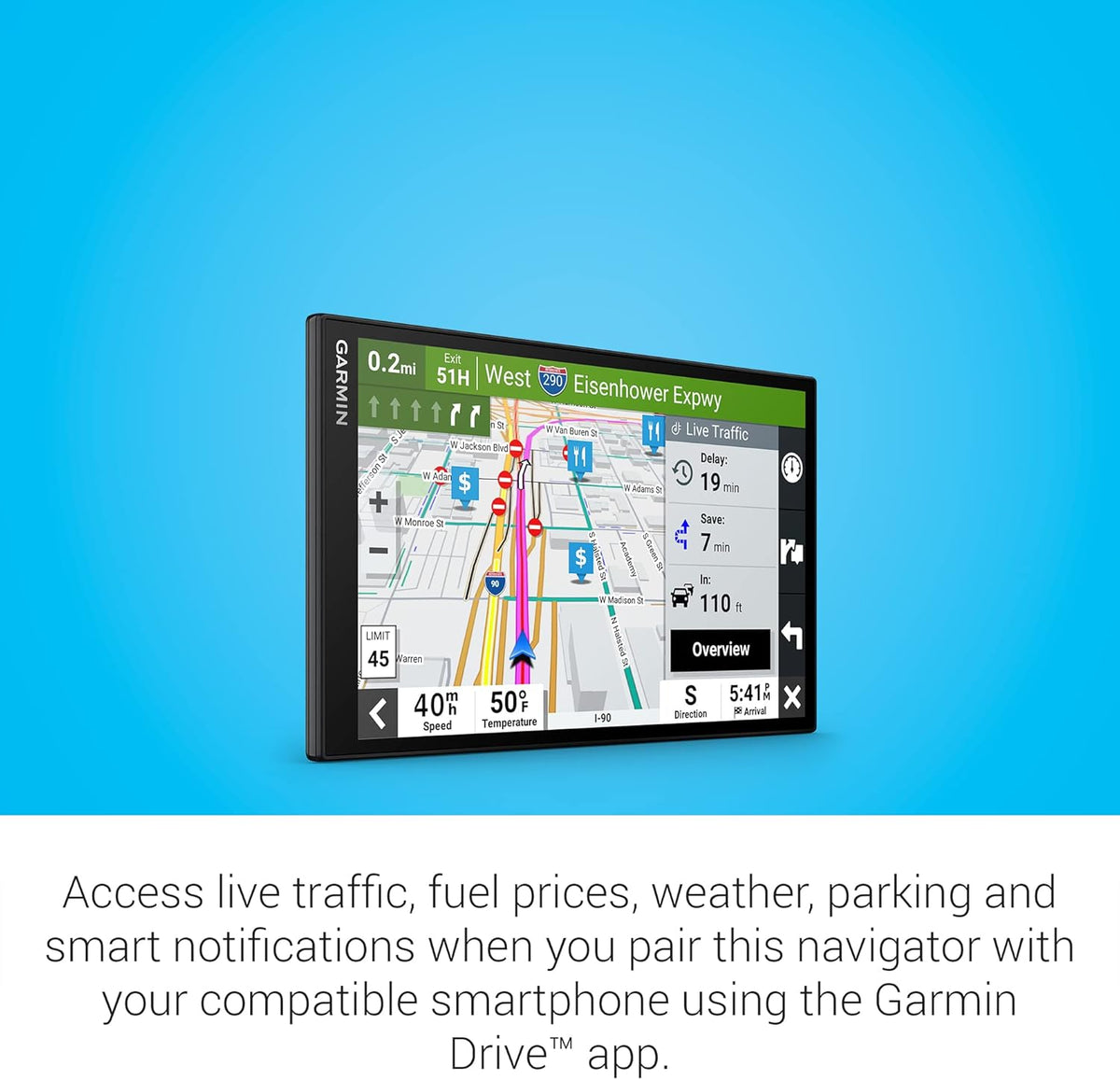 GPS de voiture Garmin DriveSmart 86 doté de écran 8 pouces, cartes haute résolution nettes et lumineuses et assistance vocale Garmin.