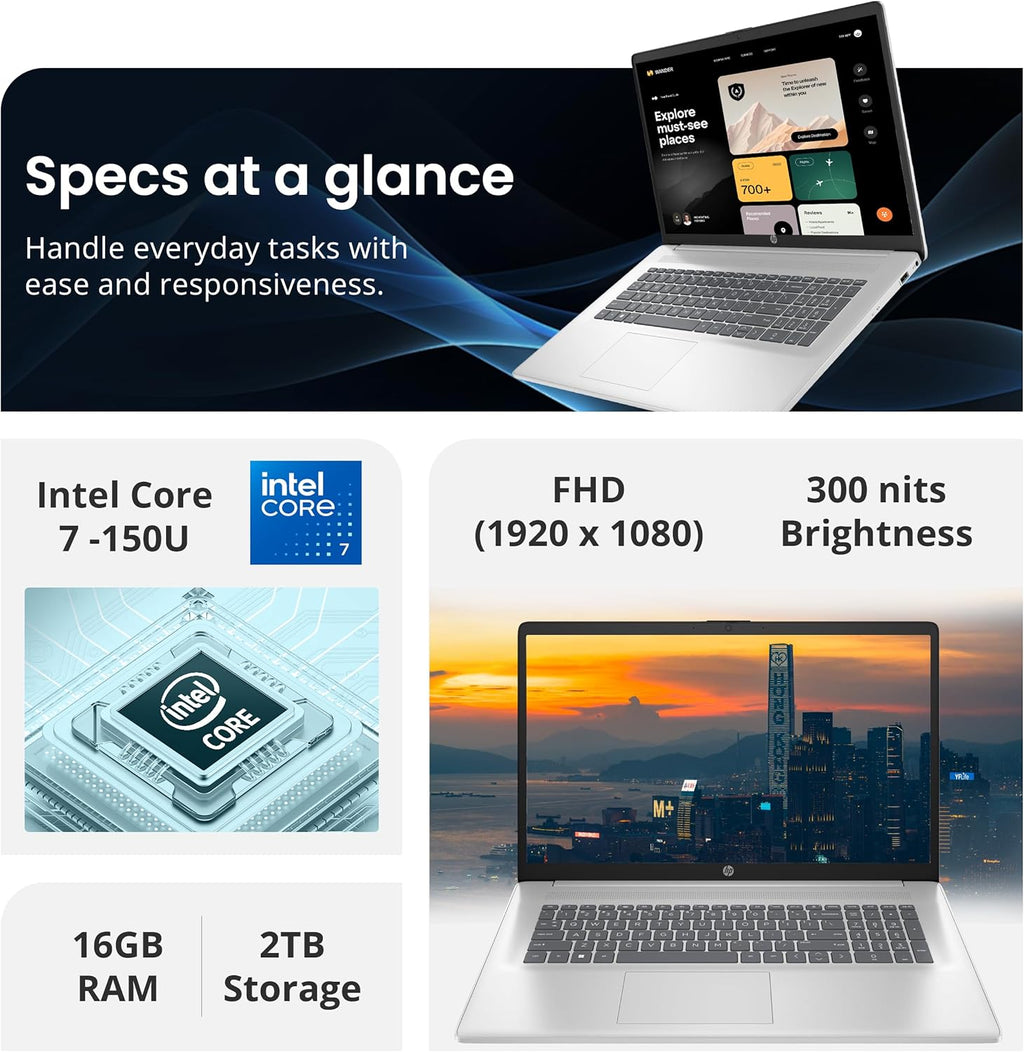 Ordinateur compact portable HP 17,3" FHD IPS antireflet, processeur Intel 7-150U, 16 Go de RAM, 2 To de stockage (SSD 1 To et station d'accueil 1 To), carte graphique Intel, pavé numérique, Wi-Fi 6, webcam 1080p, charge rapide, Windows 11 Famille