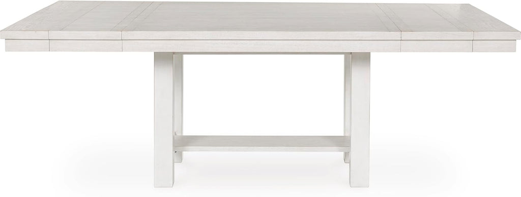 Table de salle à manger extensible Signature Design by Ashley Robbinsdale, style décontracté, dotée de rallonge centrale amovible, piètement à tréteaux, placage frêne, plateau effet planches, 2 rallonges centrales amovibles, 8 couverts, blanc