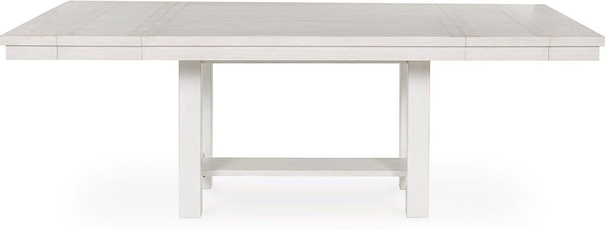 Table de salle à manger extensible Signature Design by Ashley Robbinsdale, style décontracté, dotée de rallonge centrale amovible, piètement à tréteaux, placage frêne, plateau effet planches, 2 rallonges centrales amovibles, 8 couverts, blanc