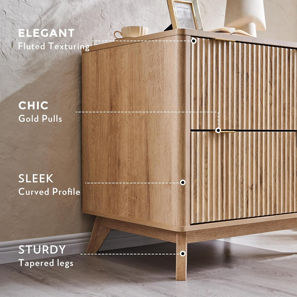 Classeur à deux tiroirs T4TREAM, classeur latéral cannelé de 31,8 cm dotée de tringle de suspension pour dossiers format Lettre/Légal/A4, grand plateau pour imprimante, meuble de bureau en bois, chêne naturel