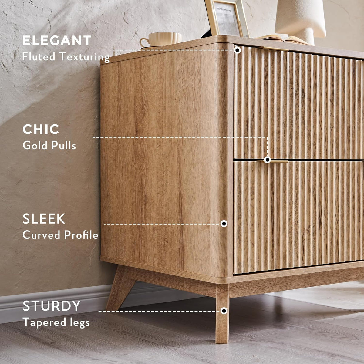 Classeur à deux tiroirs T4TREAM, classeur latéral cannelé de 31,8 cm dotée de tringle de suspension pour dossiers format Lettre/Légal/A4, grand plateau pour imprimante, meuble de bureau en bois, chêne naturel