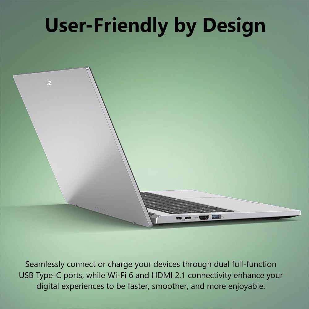 Ordinateur compact portable Acer Aspire Slim | Écran Full HD 15,6 pouces | Processeur Intel Core 3 N355 à 8 cœurs | 8 Go de RAM | SSD 128 Go | Compatible avec Copilot AI | Microsoft Office sur le Web | HDMI | Wi-Fi 6 | Windows 11 | Souris non incluse