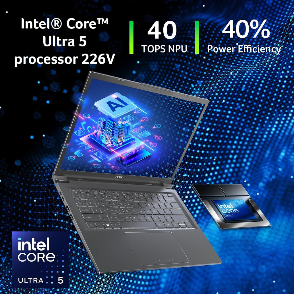 PC Acer Aspire 14 AI Copilot+ | Écran 14" WUXGA | Processeur Intel Core Ultra 5 226 V | NPU : jusqu'à 40 cœurs - GPU : jusqu'à 53 cœurs | Intel ARC 130 V | 16 Go LPDDR5X | SSD 512 Go | Wi-Fi 6E | A14-52M-51S1
