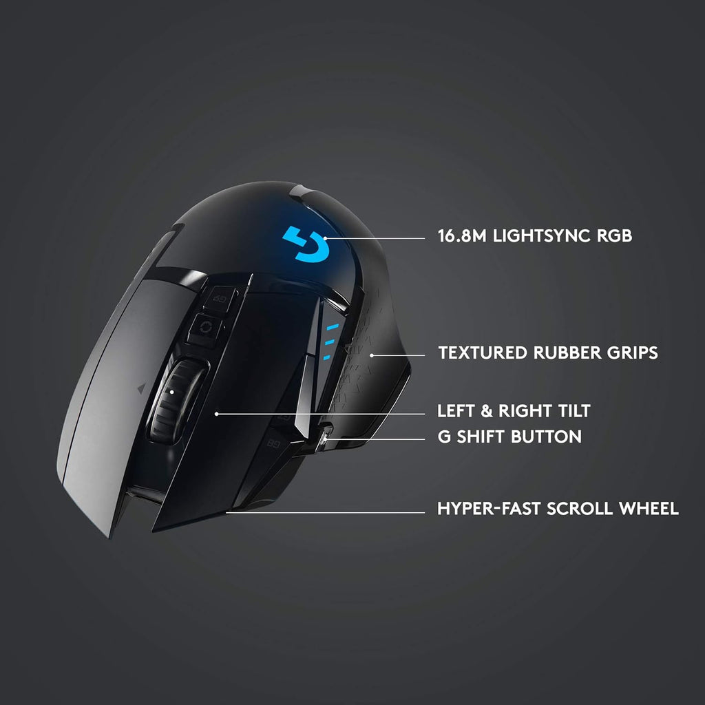 Souris gaming à connectivité sans fil Logitech G502 Lightspeed doté de capteur Hero 25K, compatible PowerPlay, poids ajustables et éclairage RVB Lightsync - Noir