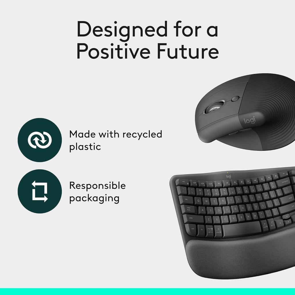 Logitech Wave Keys & Lift Vertical Mouse - Ensemble clavier et souris à connectivité sans fil ergonomiques - doté de repose-poignets rembourré, fonction Easy-Switch, Bluetooth, compatible Windows/Mac - Graphite