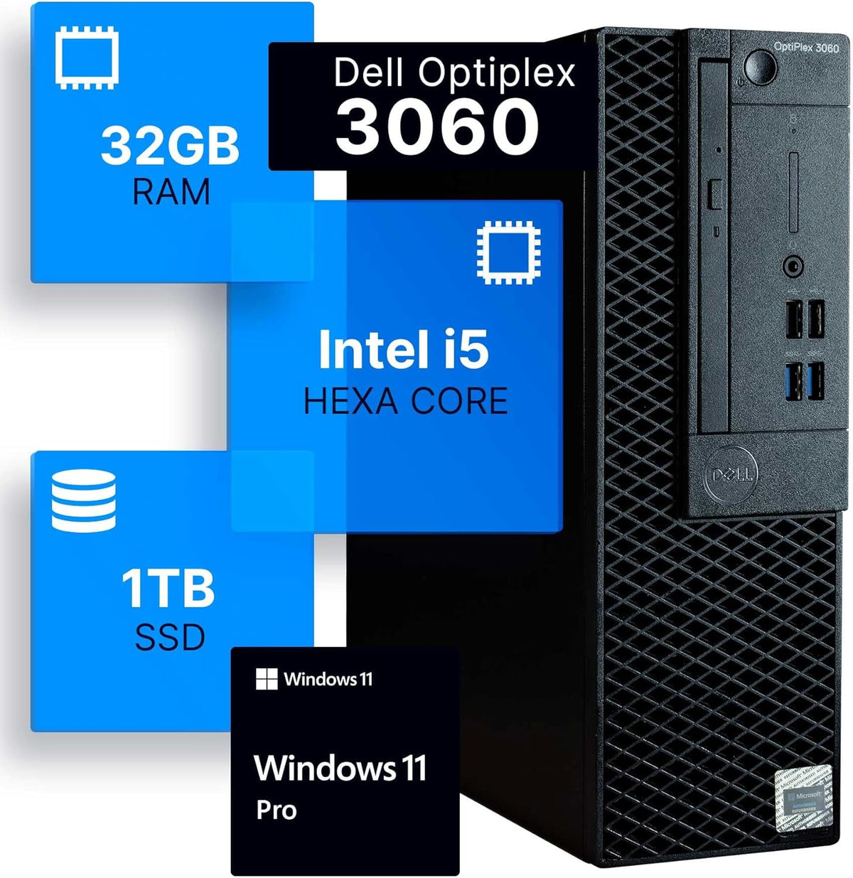 Ordinateur de bureau Dell Optiplex 3060 | Intel i5-8500 (3,2 GHz) | 32 Go de RAM DDR4 | Disque SSD de 1 To | Wi-Fi intégré | Bluetooth | Windows 11 Professionnel | PC pour un usage domestique ou le bureau (Reconditionné)
