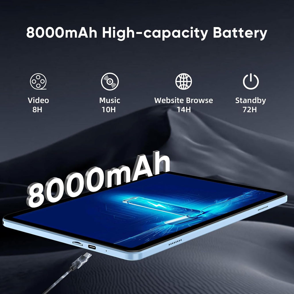 Tablette tactile WXUNJA Android 16, 11 pouces, processeur octocœur, 28 Go de RAM, 128 Go de ROM extensible jusqu'à 1 To, Widevine L1, batterie 8 000 mAh, Wi-Fi double bande 2,4/5 GHz, GPS et radio FM, caméras 5 et 8 MP, étui inclus, bleu