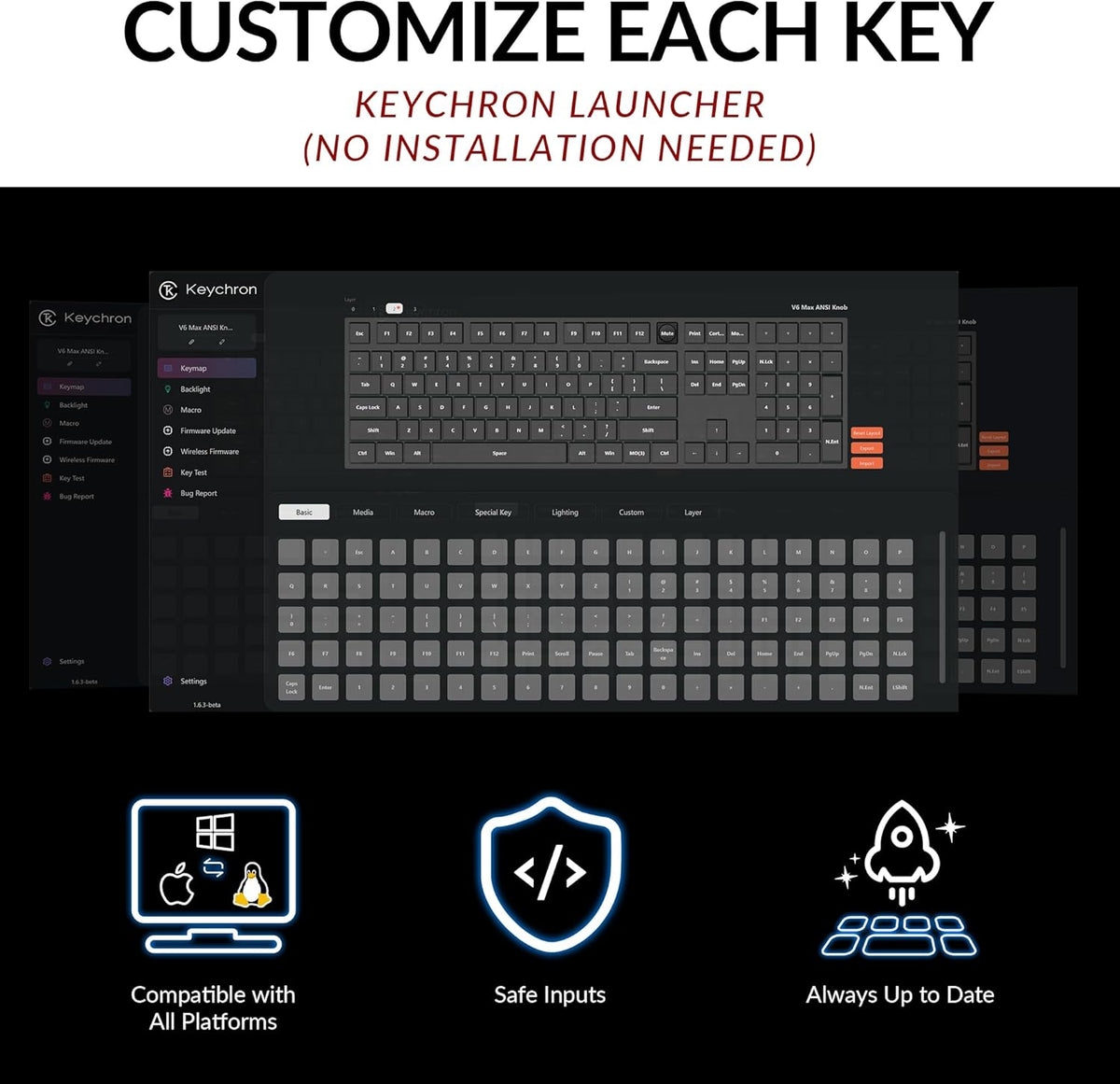 Clavier mécanique à connectivité sans fil Keychron V6 Max, Bluetooth 5.1 2,4 GHz, format QMK complet, rétroéclairage RGB, interrupteurs rouges silencieux remplaçables à chaud, compatible Mac, Windows et Linux.