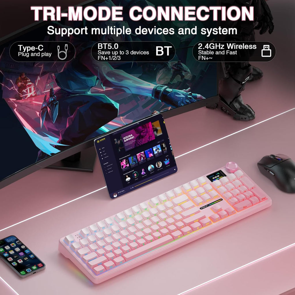 AULA F108 PRO - Clavier mécanique à connectivité sans fil doté de écran et molette, clavier complet doté de batterie 8000 mAh, commutateurs pré-lubrifiés, touches PBT imprimées latéralement, rétroéclairage RGB, touches roses personnalisables et…