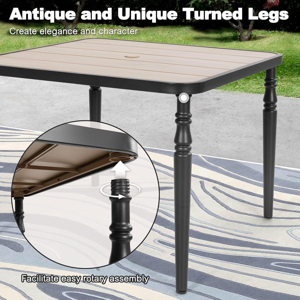 Table de salle à manger carrée d'extérieur NUU GARDEN 37, table en métal dotée de trou pour parasol, plateau imitation bois, résistante aux intempéries, idéale pour le jardin, la cour, la terrasse et la pelouse.