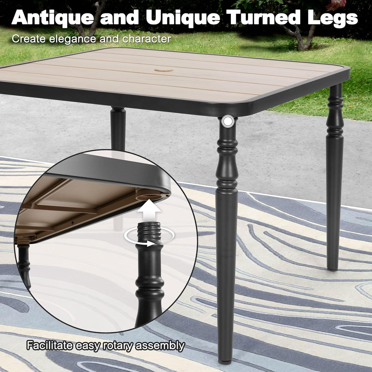 Table de salle à manger carrée d'extérieur NUU GARDEN 37, table en métal dotée de trou pour parasol, plateau imitation bois, résistante aux intempéries, idéale pour le jardin, la cour, la terrasse et la pelouse.