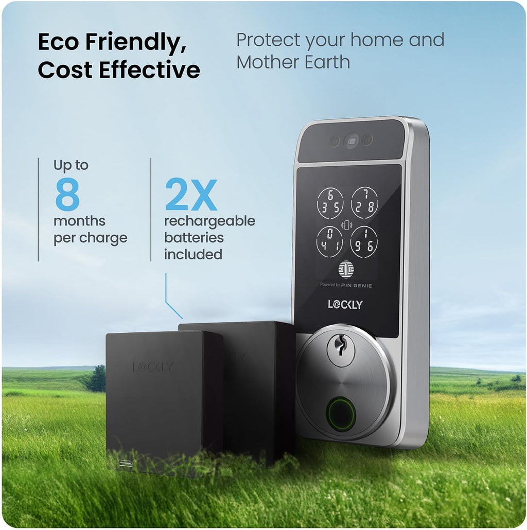 Serrure connectée Lockly Visage Zeno Series, serrure d'entrée sans clé par reconnaissance faciale et empreinte digitale, pêne dormant Wi-Fi intégré compatible doté de Apple Home Key, clavier PIN Genie, contrôle à distance via application…