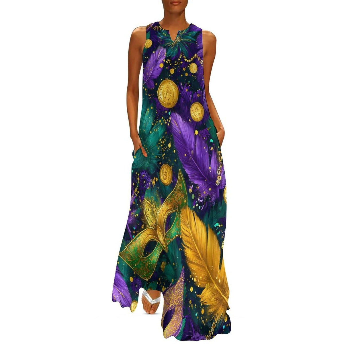 Robe de soirée sans manches pour femme, col en V, coupe ample, robe longue maxi unie avec poches, idéale pour Mardi Gras