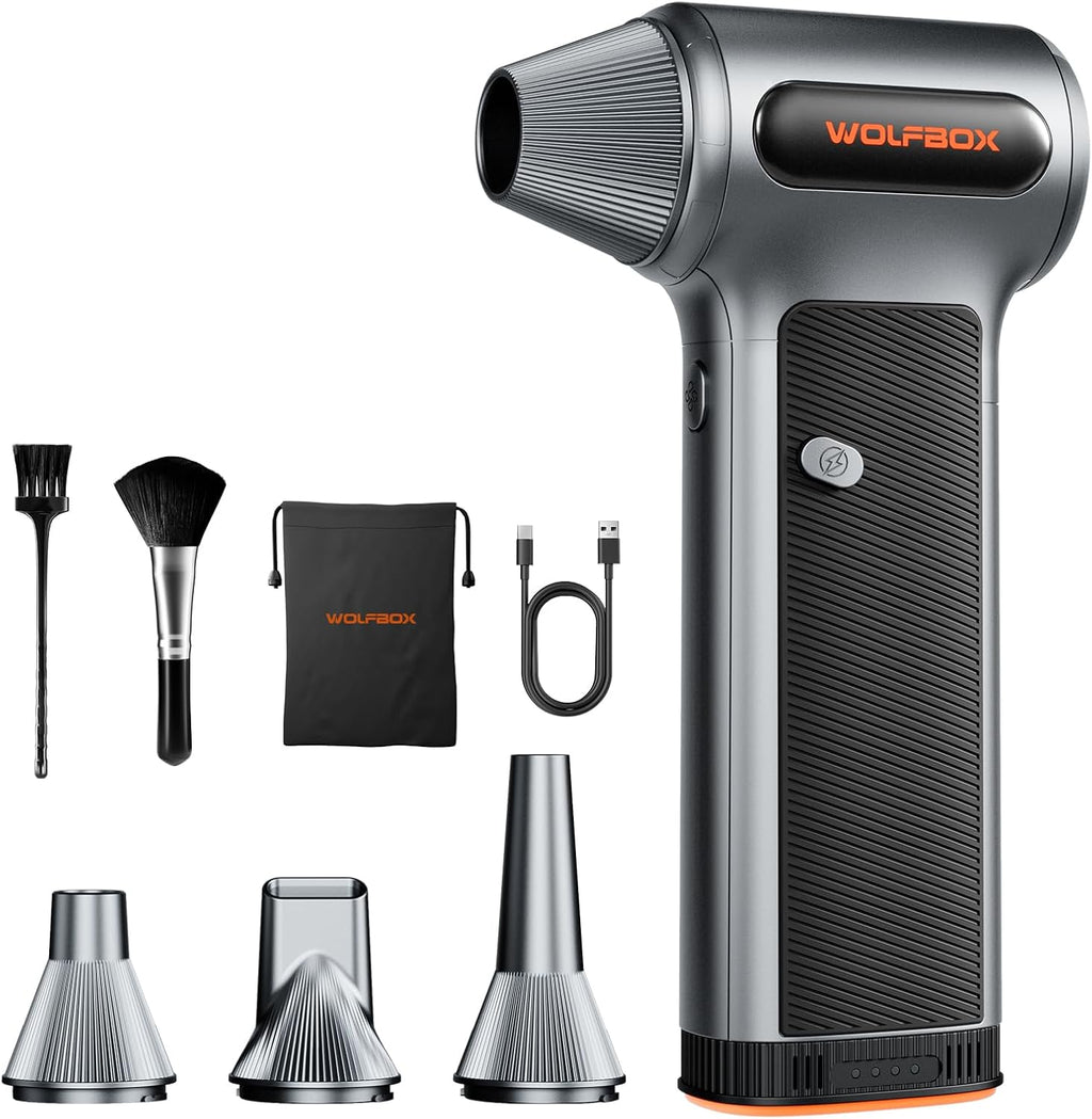 Souffleur à air comprimé WOLFBOX MF200 doté de batterie amovible et 4 embouts, mini souffleur à connectivité sans fil à 3 vitesses réglables pour clavier d'ordinateur, nettoyage de voiture, maison et extérieur