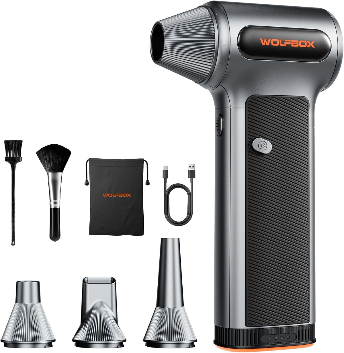 Souffleur à air comprimé WOLFBOX MF200 doté de batterie amovible et 4 embouts, mini souffleur à connectivité sans fil à 3 vitesses réglables pour clavier d'ordinateur, nettoyage de voiture, maison et extérieur
