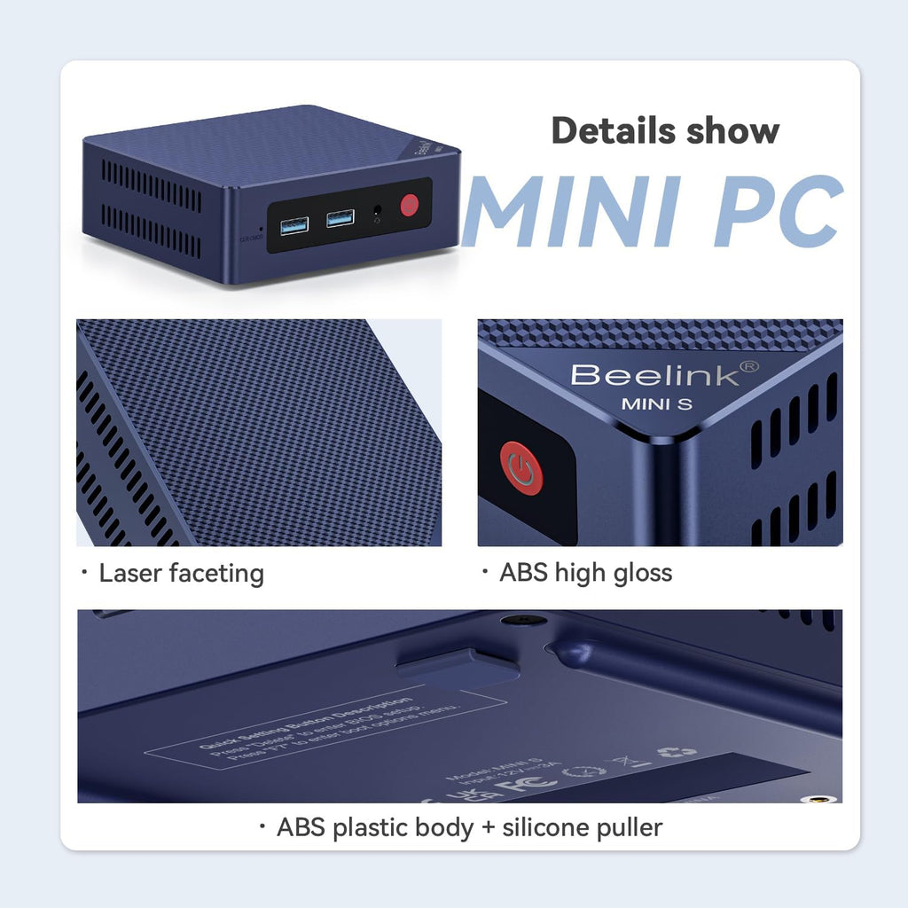 Mini PC Beelink Mini S12, processeur Intel N95 quadricœur de 12e génération (allant jusqu'à 3,4 GHz), 16 Go de RAM DDR4, SSD de 500 Go, double sortie HDMI, 4K UHD, Wi-Fi 5 double bande, Bluetooth 4.2, compatible HTPC et Windows 11 Home.
