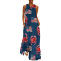 Robe longue maxi maxi sans manches pour femme, ornée du drapeau américain et de motifs de crabes. Col en V, coupe ample, unie, avec poches.