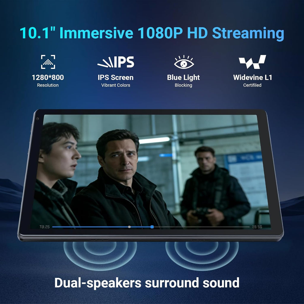 Tablette tactile Android 10,1 pouces, processeur octocœur, 10 Go de RAM + 128 Go de ROM extensible jusqu'à 1 To, écran tactile IPS HD 1280 x 800 (Widevine L1), double caméra 5 MP + 8 MP, déverrouillage facial, batterie 5000 mAh, Wi-Fi 6, Bluetooth 5.