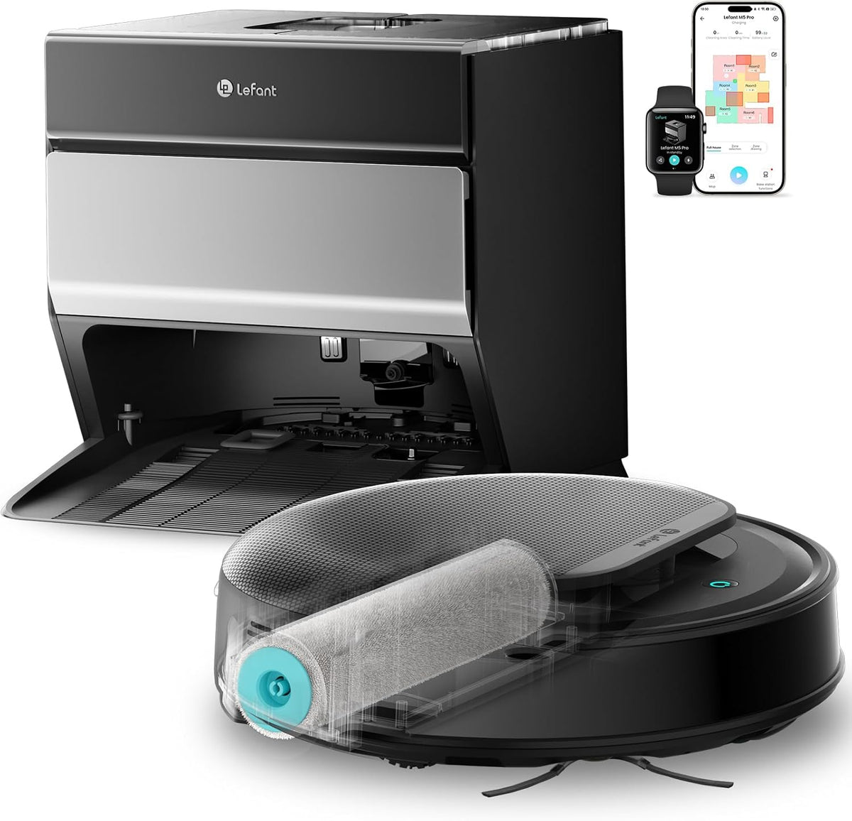 Aspirateur et laveur robot Lefant LiDAR, aspiration de 18 000 Pa, système d'évitement d'obstacles intelligent PSD 2.0, aspirateur robot tout-en-un doté de vidage automatique du bac pendant 120 jours, lavage, séchage et remplissage automatiques…