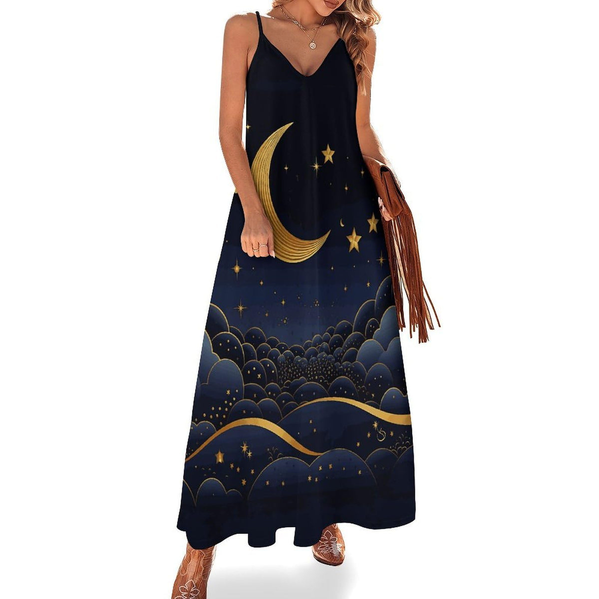 Robe maxi femme à étoiles et lune - Style décontracté, long et fluide, idéal pour l'été, les cérémonies et les invitations de mariage